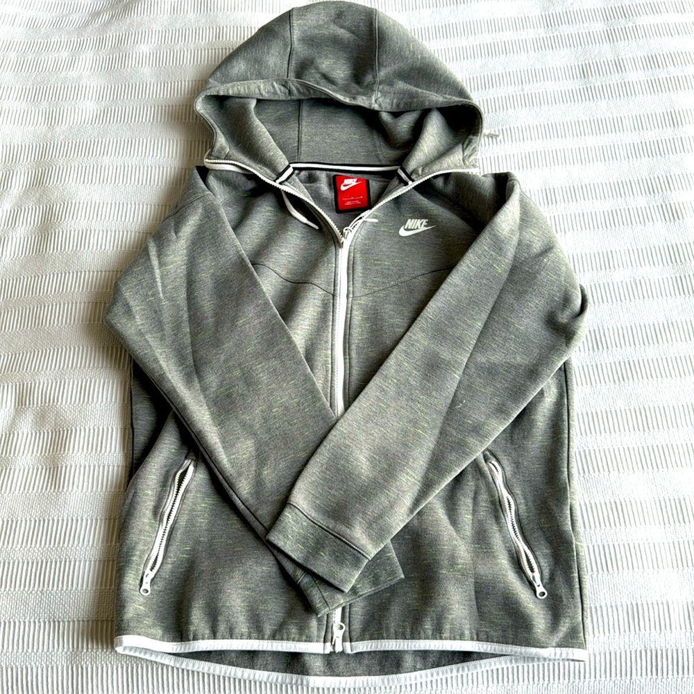 Nike Men’s Tech Fleece Zip-Up hoodie. Large, light grey with neon green specks.